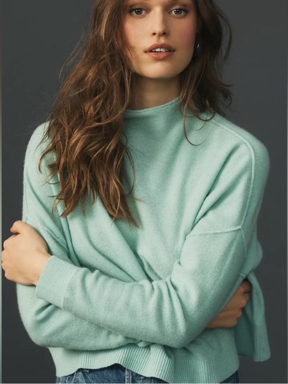 Anthropologie Pilcro Alani 100% Cashmere Mock Neck Crop Sweater MINT ICE XS